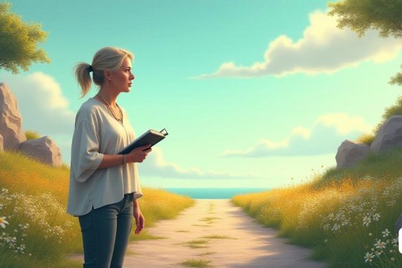 Una escena serena y contemplativa que representa a una persona de pie en una encrucijada, simbolizando la lucha de decir 'no'. El individuo, una mujer de mediana edad con una expresión reflexiva, está vestida con atuendo casual, sosteniendo un pequeño cuaderno en una mano y un bolígrafo en la otra, como si contemplara sus elecciones. El fondo presenta dos caminos divergentes: un camino es brillante y acogedor, lleno de flores vibrantes y luz solar, lo que representa la facilidad de complacer a otros; El otro camino es sombreado y rocoso, simbolizando los desafíos de establecer límites. Por encima de ella, un cielo azul suave con nubes tenues transmite una sensación de calma, mientras que una suave brisa susurra las hojas de los árboles cercanos, lo que sugiere la importancia del autocuidado y la salud mental. La imagen captura la esencia del conflicto interno, con las palabras 'Salut Mental', 'Límits' y 'Autocura' integradas sutilmente en el paisaje, enfatizando los temas del poste.