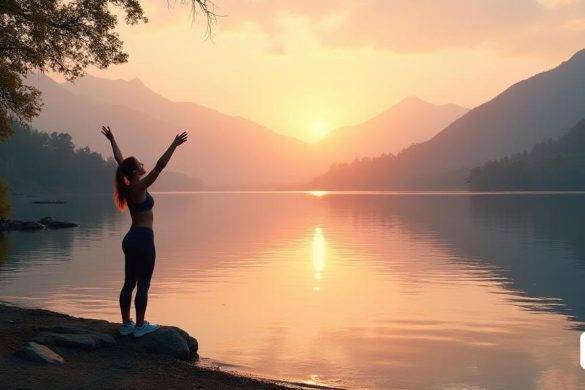 Una escena serena y empoderadora que representa a una persona parada al borde de un tranquilo lago durante el amanecer. El cielo está pintado en tonos suaves de 'naranja', 'rosa' y 'púrpura', que refleja la superficie de agua tranquila. El individuo, una mujer de unos 30 años, está vestida con cómodo 'ropa deportiva', que simboliza su compromiso con el 'autocuidado'. Ella se para con los brazos ligeramente levantados, abrazando la luz de la mañana, que encarna un sentido de 'fuerza' y 'resiliencia'. En el fondo, los exuberantes árboles 'verdes' enmarcan el lago, mientras que las montañas distantes agregan profundidad al paisaje. El ambiente es pacífico, evoca un sentimiento de 'esperanza' y 'transformación'. Una suave brisa susurra las hojas, y el sonido del agua que lape en la orilla crea un ambiente relajante. Esta imagen captura la esencia del 'coraje' y el 'amor propio', recordando a los espectadores que incluso frente al 'dolor crónico', uno puede encontrar belleza y fuerza en cada día.
