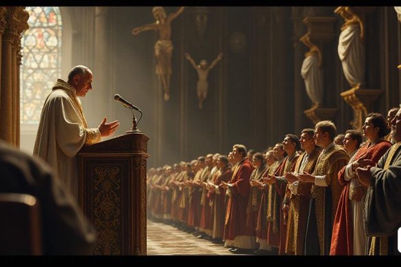 Una escena solemne que representa al nuevo Papa Leo XIV de pie en un púlpito grandioso y adornado dentro de una catedral histórica. El interior está adornado con intrincados detalles 'dorados' y ventanas de 'vidrieras' que arrojan patrones coloridos en el piso de piedra. El Papa, vestido con "vestimentas papales" tradicionales de blanco y oro, exuda una sensación de autoridad tranquila mientras aborda una congregación diversa. Su expresión es de compasión y determinación, lo que refleja su compromiso con la 'paz' y el 'diálogo'. En el fondo, un gran 'crucifijo' cuelga prominentemente, simbolizando el peso espiritual de su mensaje. La audiencia, una mezcla de individuos 'fieles' de diversos orígenes, escucha con atención, algunos con expresiones esperanzadoras, otras con un sentido de preocupación por los desafíos que se avecinan. La atmósfera se encarga de una mezcla de reverencia y anticipación, ya que el Papa habla de construir 'puentes' y fomentar la unidad en medio de un mundo de división.