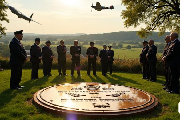 Una escena solemne que representa la inauguración de una placa conmemorativa en el pintoresco pueblo de 'Market Stainton', rodeado de exuberantes campos verdes típicos de 'Lincolnshire'. La placa, hecha de bronce pulido, brilla en el sol de la tarde, grabada con el nombre 'Sqn Ldr Mark Long' y adornada con la insignia de la 'RAF'. Una pequeña reunión de personas, incluidos veteranos y residentes locales, se mantiene en silencio respetuoso, algunas sosteniendo 'amapolas' en recuerdo. En el fondo, se puede ver un avión vintage 'Spitfire' volando con gracia en el cielo, simbolizando el legado del piloto. El ambiente está lleno de una sensación de reverencia y orgullo, mientras los asistentes se preparan para la ceremonia de dedicación programada en '13: 00 BST '.