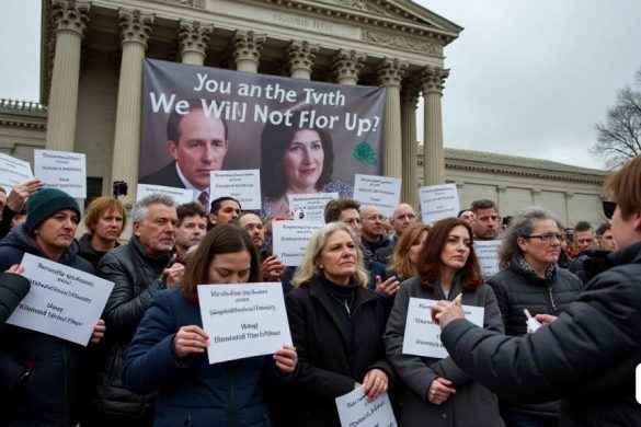 Una escena solemne se desarrolla como un grupo de 72 parientes afligidos, visiblemente angustiados, se unen a un tribunal, sosteniendo pancartas que leen 'justicia para las víctimas' y 'exigimos la verdad'. Los familiares, una mezcla diversa de edades y antecedentes, muestran expresiones de dolor y determinación. En el fondo, se avecina un cielo gris, lanzando una atmósfera sombría sobre la reunión. El palacio de justicia, una estructura imponente con columnas altas y grandes ventanas, se erige como un símbolo de autoridad, en contraste con la vulnerabilidad emocional de las familias. Cerca, algunos periodistas capturan el momento, sus cámaras hacen clic, mientras que otros anotan notas, reflejando el intenso interés en los medios en el caso. El aire está lleno de tensión, ya que los familiares expresan su ira y desesperación por la falta de progreso en las investigaciones, sus voces se elevan al unísono. Una gran pancarta cuelga sobre ellos, adornada con las palabras 'No nos rendiremos', simbolizando su reso