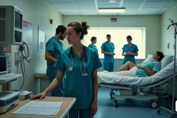 Una escena sombría pero enfocada dentro de una unidad de maternidad ocupada en el Hospital Ninewells de Dundee. La habitación está llena de 'equipos médicos' y 'dispositivos de monitoreo', algunos de los cuales están operativos, mientras que otros parecen faltar 'cables' esenciales, lo que indica una falta de mantenimiento adecuado. En primer plano, una enfermera, con matorrales y una 'insignia de nombre', se ve atendiendo a un paciente con una expresión de 'compasión' y 'preocupación' en su rostro. El paciente, una madre visiblemente expectante, está sentada en una cama de hospital, rodeada de 'gráficos médicos' y un "soporte IV". En el fondo, se recopila un pequeño grupo de miembros del personal, que parece discutir asuntos urgentes, y uno apunta hacia un 'monitor de latidos del corazón fetal' que actualmente no funciona correctamente. Las paredes están adornadas con 'carteles de seguridad' y 'pautas', enfatizando la importancia de la 'seguridad del paciente', mientras que la atmósfera general transmite una