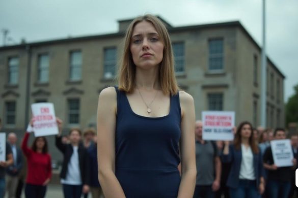 Una escena sombría que representa a una joven, Lucy Bowerman, parada frente a un centro de hospital seguro. El edificio es imponente, con paredes de concreto gris y ventanas barradas, simbolizando el confinamiento que experimentó. Lucy, en sus veintes, tiene una expresión de determinación mezclada con la tristeza, sus ojos reflejan las luchas que enfrentó durante su adolescencia. Ella usa un vestido azul azul marino simple pero elegante, contrastando con la cruda del telón de fondo del hospital. Al rodearla hay figuras borrosas de manifestantes que sostienen pancartas con frases como 'detención final' y 'apoyo, no aislamiento', enfatizando la campaña contra la detención de individuos autistas. El cielo de arriba está nublado, lanzando una luz apagada sobre la escena, mejorando la sensación de urgencia y la necesidad de cambio. En primer plano, un pequeño grupo de seguidores tiene una pancarta que lee "justicia para mi yo más joven", mostrando solidaridad y la lucha por un mejor apoyo de salud mental para las