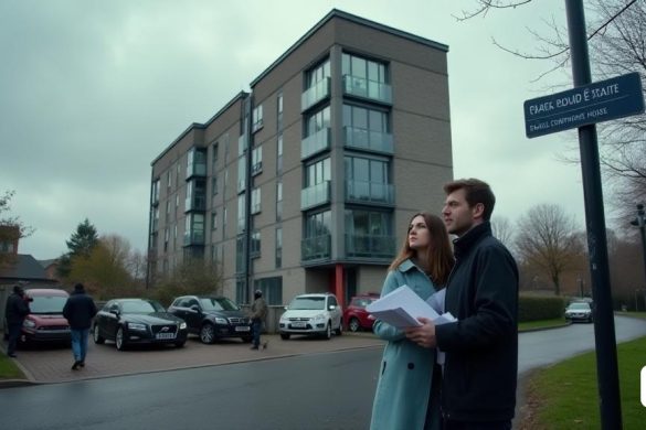 Una escena sombría que representa un bloque moderno de pisos en Solihull, West Midlands, caracterizado por su fachada de ladrillo gris y grandes ventanas que reflejan el cielo nublado. El edificio mide cuatro pisos de altura, con un camino de entrada perfectamente pavimentado que conduce a la entrada, donde se puede ver a un pequeño grupo de individuos preocupados discutiendo entre ellos. En primer plano, una pareja, visiblemente estresada, sostiene una pila de letras, sus expresiones una mezcla de confusión y frustración. La mujer, Sophie, tiene cabello castaño hasta los hombros y usa un abrigo azul claro, mientras que su esposo se encuentra a su lado en una chaqueta oscura, ambas mirando hacia el edificio como si buscara respuestas. Al rodearlos hay varios autos estacionados, y algunos peatones pasan, ajenos a la difícil situación de la pareja. La atmósfera es tensa, subrayada por la presencia de un letrero de la calle cercano que indica el nombre del bloque, que se yuxtapone irónicamente con el concepto de