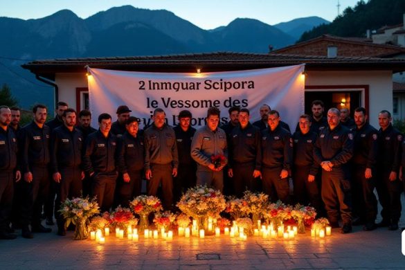 Una escena sombría se desarrolla en la provincia de 'Alacant', donde la comunidad llora la trágica pérdida de 'Fran Llorens', un 'bombero' dedicado a la edad de 34 años. La imagen captura una reunión de 'bomberos' en uniforme, sus rostros grabados con el dolor, parado frente a la estación de bomberos 'Benidorm'. Una gran pancarta que lee 'en memoria de Fran Llorens' cuelga solemnemente, rodeada de ramos de flores y velas parpadeando suavemente en la luz de la tarde. En el fondo, la majestuosa montaña de 'Pyrénées' se cierne, un recordatorio de la pasión que llevó a su inoportuna desaparición. La atmósfera es pesada de emoción, ya que tanto colegas como ciudadanos comparten mensajes de apoyo sinceros, sus expresiones reflejan una profunda sensación de pérdida y respeto por un hombre que no solo era un "héroe" en su profesión sino también un amigo y miembro de la comunidad. La escena es un tributo conmovedor a una vida dedicada al servicio y la aventura, con las montañas simbolizando tanto su amor por la natura