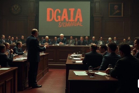 Una escena sombría y tensa se desarrolla en una cámara parlamentaria con poca luz, donde la atmósfera está llena de inquietud. La habitación está llena de hileras de bancos de madera, ocupados por un grupo diverso de políticos, sus expresiones una mezcla de preocupación y determinación. En primer plano, una figura prominente, Salvador Illa, se encuentra en un podio, haciendo un gesto enfáticamente mientras se dirige a la asamblea. Su rostro está iluminado por un foco de atención, destacando la seriedad de sus palabras mientras señala una pantalla grande que muestra las palabras 'escándalo de Dgaia' en letras en negrita. Detrás de él, una pancarta cuelga, estampada con el emblema de la Generalitat de Catalunya, simbolizando el peso de los problemas en cuestión. Las paredes están adornadas con retratos de líderes pasados, sus miradas aparentemente juzgan la agitación actual. En el fondo, los miembros de la oposición, incluidos representantes de ERC y juntas, intercambian susurros con calefacción, su lenguaje co