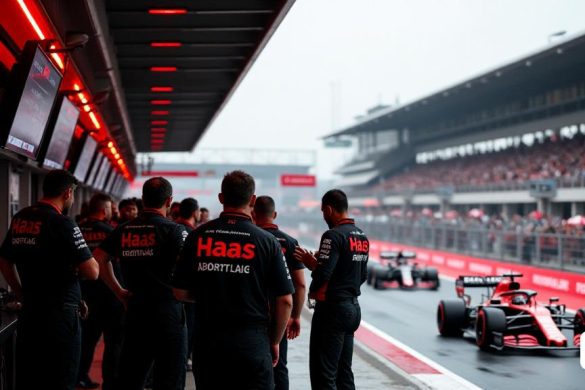 Una escena tensa en el Gran Premio de Emilia-Romagna, capturando el momento de controversia que rodea la vuelta de calificación de 'Oliver Bearman'. La imagen muestra el garaje 'Haas F1 Team' llena de actividad, miembros del equipo con uniformes 'Black and Red' discutiendo animadamente, sus expresiones una mezcla de frustración y determinación. En el fondo, los funcionarios de 'FIA' se ven revisando datos en pantallas grandes, con 'gráficos de sincronización' y 'imágenes de video' de la pista que se muestran prominentemente. La atmósfera se carga, con la 'línea de fin de inicio' visible ', donde se iluminan las luces' Bandera roja 'y' aborto ', lo que indica la confusión del momento. Las tribunas están llenas de espectadores, sus caras reflejan una mezcla de emoción e incredulidad mientras son testigos del drama que se desarrolla. El cielo está nublado, insinuando la tensión en el aire, mientras que el automóvil 'alpino' involucrado en el choque es visible en el lane en boxes, lo que se suma a la narrativa de