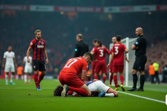 Una escena tensa en un campo de fútbol, ​​donde un fisio se apresura al campo para evaluar a un jugador lesionado. El fisio, con un kit médico 'rojo' brillante, se arrodilla junto al jugador, que está acostado en la hierba, que hace un 'dolor'. La multitud en el fondo es un mar de espectadores '60, 000 ', algunos de pie, otros con manos sobre sus cabezas, todos los ojos fijos en el drama que se desarrolla. La atmósfera está acusada de anticipación, ya que el partido se ha detenido. El auricular del fisio es visible, lleno de comunicación del cuerpo técnico, mientras que el árbitro se encuentra cerca, cruzó los brazos, observando la situación. El jugador lesionado, con una camiseta 'roja' y 'blanca', tiene una expresión de conmoción en su rostro, y sus compañeros de equipo están reunidos, mostrando preocupación. El tono está marcado con líneas 'blancas', y el poste de la portería se encuentra en el fondo, un recordatorio de la colisión que causó la lesión. El cielo está nublado, que se suma a la gravedad del m
