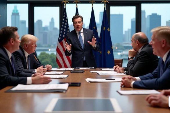 Una escena tensa en un entorno de negociación de alto riesgo, donde los representantes de la UE y los Estados Unidos se reúnen en una gran mesa de conferencias pulida. La habitación está llena de decoración moderna, con un gran mapa del mundo en una pared, simbolizando el comercio global. El Comisionado de Comercio de la UE, Maros Sefcovic, se encuentra en un extremo de la mesa, gestificando apasionadamente mientras enfatiza la necesidad de "respeto" en las conversaciones comerciales. Su expresión es grave, incorporando determinación y compromiso. Frente a él, el representante de comercio estadounidense Jamieson Greer y el secretario de comercio Howard Lutnick escuchan atentamente, sus caras reflejan una mezcla de escepticismo y enfoque. Los documentos y los documentos están esparcidos en toda la tabla, mostrando acuerdos comerciales y datos económicos, incluidas cifras como '$ 600 mil millones' y '$ 370 mil millones', destacando la magnitud del comercio de UE-US. En el fondo, las banderas de la UE y los EE.