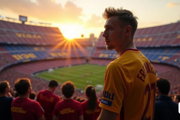 Una escena tensa pero esperanzadora se desarrolla en el icónico 'Camp Nou', donde la atmósfera está acusada de anticipación después de un momento crucial en la historia del 'FC Barcelona'. En primer plano, 'Frenkie de Jong', con la camiseta número '21', se encuentra con una expresión contemplativa, su frente se frunció ligeramente mientras mira hacia el campo. El estadio está lleno de apasionados fanáticos, sus caras una mezcla de ansiedad y emoción, sosteniendo pancartas que decían '¡Quédate frenkie!' y '¡Visca El Barça!'. En el fondo, el cuerpo técnico de 'Barcelona', incluida la 'película de Hansi', se puede ver discutiendo estrategias, su lenguaje corporal que refleja el peso de las decisiones en cuestión. El sol se está poniendo, lanzando un cálido tono dorado sobre el estadio, simbolizando la esperanza y los nuevos comienzos. La atmósfera es eléctrica, con los sonidos de los cantos y los vítores que resonan, mientras el club se prepara para un momento crucial en su futuro.