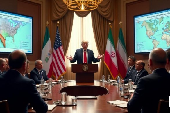 Una escena tensa pero esperanzadora se desarrolla en una gran sala de conferencias, donde el presidente de los Estados Unidos, Donald Trump, un hombre de mediana edad con un peinado distintivo y un traje oscuro, se encuentra en un podio, gesticando enfáticamente. El telón de fondo presenta las banderas de los Estados Unidos e Irán, simbolizando las delicadas negociaciones que tienen lugar. En primer plano, un grupo diverso de diplomáticos, incluido un alto enviado iraní en la vestimenta tradicional, escucha atentamente, sus expresiones una mezcla de escepticismo y optimismo cauteloso. La habitación está llena de grandes ventanas que permiten inundar la luz natural, iluminando la atmósfera seria. Una gran mesa redonda se establece con documentos y documentos, insinuando la gravedad de las discusiones sobre el "acuerdo nuclear". En las paredes, las pantallas muestran gráficos y mapas relacionados con 'enriquecimiento de uranio' y 'sanciones', lo que subraya la complejidad de las negociaciones. Fuera de las vent