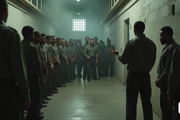 Una escena tensa se desarrolla dentro de una penitenciaría, donde la atmósfera está llena de 'tensión' y 'desafío'. En primer plano, un grupo de 'reclusos' se para resueltamente, sus expresiones una mezcla de 'determinación' y 'frustración', mientras se niegan a regresar a sus 'celdas' para 'cena'. Los 'guardias', que parecen ansiosos, están posicionados cerca, su lenguaje corporal que indica una disposición para intervenir. El telón de fondo presenta la arquitectura institucional de la prisión, con 'ventanas barradas' que arrojan sombras en el piso de concreto. Se ve a un "oficial al mando" que intenta mediar, gesticulando con una mano abierta, mientras que un "recluso" solitario, conocido por los "incidentes" anteriores, está bajo estrecha "vigilancia", aislada del grupo. El estado de ánimo general se cobra, con un sentido palpable de "disturbios" mientras los reclusos expresan sus quejas sobre las promesas no satisfechas con respecto a la "televisión", el "agua caliente" y el "tiempo recreativo". La escena