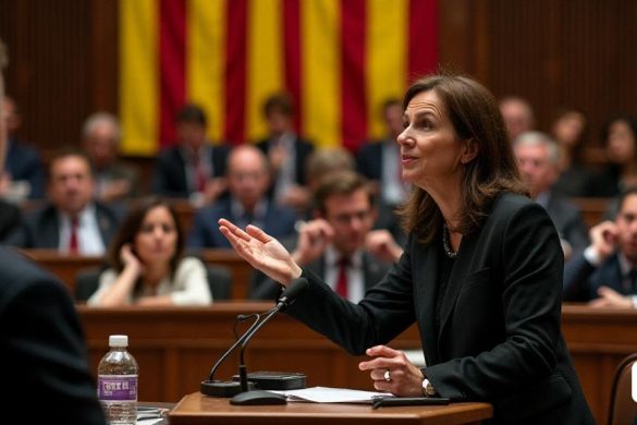 Una escena tensa se desarrolla en el 'Parlamento de Cataluña', donde la atmósfera está acusada de fervor político. En primer plano, 'Sínlvia Orriols', la líder de 'Aliança catalana', se encuentra con confianza en el podio, su expresión una mezcla de determinación y sarcasmo mientras critica el reciente cambio de postura de 'juntas por catalunya'. Ella hace un gesto enfáticamente, su mano levantada, mientras ofrece sus comentarios mordaces sobre la nueva propuesta del partido con respecto al 'velo islámico'. Detrás de ella, una audiencia diversa de 'políticos' y 'periodistas' observan con atención, algunos con expresiones de incredulidad, otros asienten de acuerdo. El telón de fondo presenta la 'bandera catalana' que se muestra prominentemente, simbolizando la lucha continua por la identidad y la representación. En el lado opuesto, un miembro de 'Junts', 'David Saldoni', se sienta con una ceja fruncida, lista para responder, que encarna la tensión entre las dos partes. La habitación está llena de una mezcla de