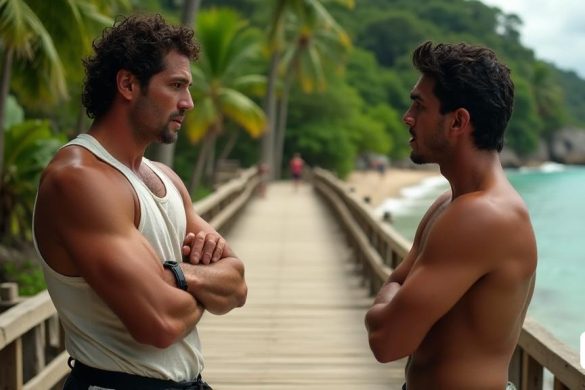 Una escena tensa se desarrolla en el 'Pont de la Concòrdia', un puente de madera adornado con follaje tropical, donde dos concursantes, Damián Quintero y Montoya, se paran cara a cara. Damián, un musculoso karateka, exuda confianza con los brazos cruzados, su frente frunció en concentración mientras se dirige a Montoya. Lleva una camiseta sin mangas simple y manchada de sudor que resalta su construcción atlética. Montoya, un hombre más joven con un estilo más informal, parece a la defensiva, sus manos gestamente animada mientras responde a las acusaciones de Damián. El telón de fondo presenta las impresionantes playas de Honduras, con aguas turquesas que lamen en la orilla, contrastando la intensidad de su confrontación. Sandra Barda, la anfitriona, observa atentamente desde el lado, su expresión una mezcla de preocupación e intriga. La atmósfera está acusada de emoción, ya que las chispas parecen volar entre los dos hombres, lo que refleja su relación tumultuosa durante toda la competencia. Los ojos de Monto