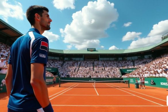 Una escena tensa se desarrolla en la icónica arcilla roja de la corte Philippe-Chatrier en Roland Garros en París, donde la atmósfera está llena de anticipación. En primer plano, 'Novak Djokovic' es capturado en un momento de enfoque intenso, su frente frunció y que brillaba en su frente mientras se prepara para servir. Está vestido con un elegante y ajustado 'atuendo de tenis' con una mezcla de azul profundo y blanco, con la insignia 'serbia' que se muestra sutilmente en su manga. La multitud en el fondo es un mar de caras animadas, algunas que tienen señales con frases motivadoras como '¡Ve Novak!' y '¡Chase el 25!' Las gradas están llenas de fanáticos con varias mercancías de tenis, su emoción palpable mientras se inclinan hacia adelante en sus asientos. El cielo de arriba es un azul vibrante, salpicado con unas pocas nubes blancas esponjosas, que arroja una luz suave sobre la cancha. La arcilla roja está recién rastrillada, dejando una superficie prístina que significa las altas apuestas del partido. En l
