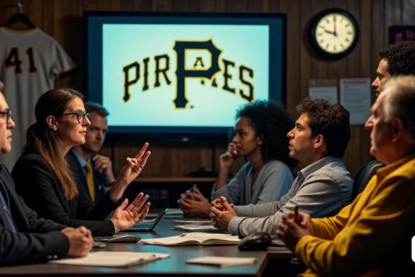 Una escena tensa y dramática se desarrolla en una bulliciosa sala de redacción deportiva, donde los reporteros se reúnen alrededor de una gran pantalla que muestra el logotipo de Pittsburgh Pirates. La atmósfera se encarga de anticipación como el titular '¿Trade Paul Skenes?' Parpadea en letras en negrita. En primer plano, un grupo de periodistas, algunos con blocs y otros con computadoras portátiles, se dedican a discusiones animadas, sus expresiones una mezcla de preocupación y emoción. Una reportera, una mujer con gafas, gestos enfáticamente mientras habla sobre las implicaciones de comerciar Skenes, su ceño fruncido en el pensamiento. Detrás de ella, un periodista masculino se recuesta en su silla, cruzó los brazos, contemplando las posibles consecuencias de tal decisión. Las paredes están adornadas con recuerdos de temporadas de Piratas pasadas, incluida una camiseta antigua y una foto enmarcada de los legendarios jugadores del equipo. Un reloj en la pared se aleja los segundos, lo que se suma a la urgen