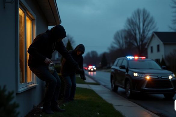 Una escena tensa y poco iluminada se desarrolla en un vecindario suburbano, que muestra una 'casa unifamiliar' con una 'ventana rota' en el lado izquierdo, fragmentos de vidrio esparcidos en el 'césped'. En primer plano, dos figuras sombrías, vestidas con ropa oscura, se ven saliendo apresuradamente por la ventana, sus caras parcialmente oscurecidas por 'sudaderas con capucha'. Una figura agarra un 'joyero brillante', mientras que la otra contiene una 'bolsa llena de efectivo'. En el fondo, un vehículo de escape, un elegante 'SUV negro', está estacionado con su motor en funcionamiento, las luces atenuadas. La atmósfera está acusada de urgencia, ya que se puede ver un débil débil de un automóvil policial con luces intermitentes en la distancia, insinuando el peligro inminente. El cielo está nublado, lanzando un palo "sombrío" sobre la escena, mejorando el sentido de "actividad criminal" y tensión.