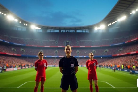 Una escena vibrante ambientada dentro de la 'Estadio José Alvalade' en 'Lisboa', donde la emoción llena el aire cuando los fanáticos se reúnen para la final de la UEFA Women's Champions League entre 'FC Barcelona' y 'Arsenal'. El estadio está adornado con los 'colores de los equipos,' Blaugrana 'y' Red ', creando un llamativo contraste visual. En primer plano, 'Ivana Martinčić', el árbitro croata, se encuentra con confianza en el centro del campo, vistiendo su uniforme de árbitro negro oficial, completo con la insignia de la UEFA, su expresión enfocada y determinada. Al rodearla están sus asistentes, 'Sanja Rođak-Karšić' y 'Maja Petravić', ambos con atuendo a juego, listos para apoyar sus decisiones. La atmósfera es eléctrica, con fanáticos agitando banderas y pancartas, sus caras pintadas en colores de equipo, mostrando su inquebrantable apoyo. En el fondo, las luces del estadio brillan contra el cielo crepuscular, iluminando el exuberante 'tono' verde donde se desarrollará el partido. La anticipación es pal