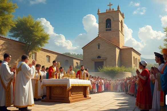 Una escena vibrante captura la esencia de las 'celebraciones' en la 'parroquia' en Balsareny el 25 de abril. En primer plano, un grupo diverso de personas se reúne alrededor de un altar bellamente adornado, cubierto de ricas telas blancas y doradas, simbolizando la celebración de 'Eucaristía'. El Rector, Mn. Antoni Bonet, se ve en una túnica blanca fluida, sus manos levantadas en 'bendición', rodeadas de varios miembros de 'clérigo' con atuendo similar, todos centrados en el momento sagrado. El aire está lleno de una sensación de reverencia cuando se distribuye la 'Bendita Panellet' entre los asistentes, que lo reciben con alegría con sonrisas y gratitud. En el fondo, el histórico 'campanario' de la iglesia se mantiene alto contra un cielo azul claro, simbolizando la fe de la comunidad. La presencia del 'alcalde' y los 'concejales' locales agrega un toque de orgullo cívico, mientras que la 'pubilla', vestida con atuendo tradicional, trae un espíritu festivo. La imagen pasa al 27 de abril, que representa un an