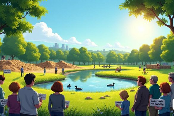 Una escena vibrante de 'Central Park' en Plymouth, donde el sol arroja un cálido brillo en el exuberante paisaje verde. En primer plano, un grupo de 'residentes' preocupados se reúne, sus expresiones una mezcla de 'frustración' y 'decepción'. Algunos contienen pequeños letreros que decían '¡Queremos progresar!' y '¡Apoya nuestra vida silvestre!'. A la izquierda, es visible un 'área de humedal' parcialmente construida, con parches fangosos y materiales de construcción dispersos, insinuando el proyecto estancado. En el fondo, un cielo azul claro contrasta con algunas nubes blancas esponjosas, que simboliza el clima 'seco y brillante' mencionado. Cerca, un pequeño estanque refleja la luz del sol, mientras que algunos patos nadan perezosamente, ajeno al descontento humano. Los 'flores silvestres' florecen alrededor del borde del estanque, agregando salpicaduras de color a la escena. Un letrero de 'Ayuntamiento' se encuentra torpemente cerca del sitio de construcción, un recordatorio del progreso detenido. El ambi