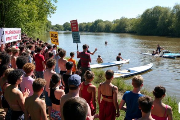 Una escena vibrante de protesta en Whitlingham Broad, Norfolk, donde los apasionados picos, apostadores y nadadores se reúnen para expresar sus preocupaciones sobre la 'contaminación de aguas residuales'. El primer plano presenta un grupo diverso de individuos que sostienen pancartas coloridas con consignas como 'Piratas contra la caca', enfatizando su lucha contra la contaminación. Algunos participantes están vestidos con 'disfraces', agregando un tono juguetón pero serio a la manifestación. El agua en el fondo es un "marrón" turbio, que contrasta bruscamente con el cielo azul brillante de arriba, simbolizando la degradación ambiental contra la que están protestando. A lo lejos, se sacan las tablas de paddle del agua, visiblemente manchadas y "asquerosas", mientras que algunos nadadores observan con expresiones de preocupación. La exuberante vegetación que rodea el agua se yuxtapone con los problemas de contaminación, destacando la belleza de la naturaleza que está en riesgo. La atmósfera está encargada de d
