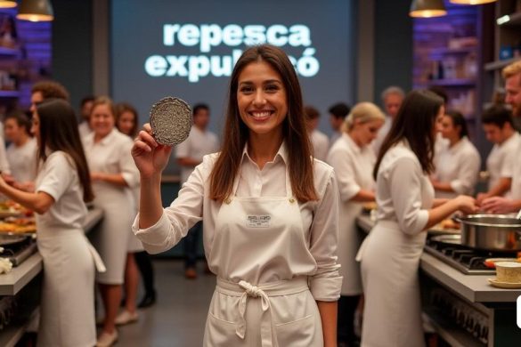 Una escena vibrante del conjunto de 'MasterChef', que muestra una bulliciosa cocina llena de concursantes en acción. El ambiente está acusado de emoción cuando los concursantes, vestidos con sus delantales blancos característicos, se dividen en grupos de tres, cada uno centrado en sus creaciones culinarias. En primer plano, Gabriela se destaca, su rostro se ilumina de alegría mientras sostiene un brillante 'Pin de inmunidad', un símbolo de su reciente victoria. Detrás de ella, Clara y Chica miran con una mezcla de admiración y determinación. La cocina está adornada con varios utensilios de cocina, ollas a fuego lento en la estufa e ingredientes coloridos esparcidos por los mostradores. En el fondo, una pantalla grande muestra las palabras 'repesca' y 'expulsiones', insinuando los dramáticos giros del episodio. La configuración se ve mejorada por la presencia de perros en la esquina, lo que representa el desafío especial del día centrado en 'adoptar mascotas'. La iluminación es cálida y acogedora, creando una