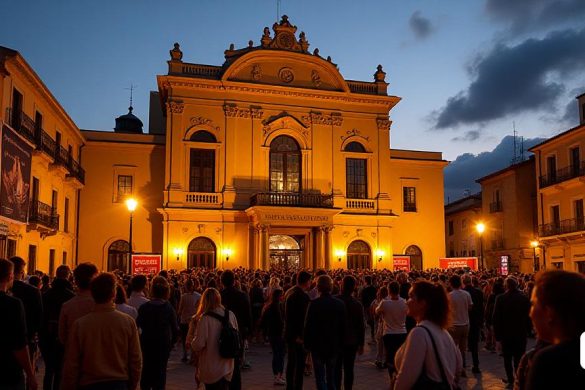 Una escena vibrante del 'Gran Teatre' en Xàtiva, iluminada por cálidas luces doradas mientras el sol se pone en el fondo, lanzando un brillo suave y encantador sobre el edificio histórico. La fachada está adornada con intrincados detalles arquitectónicos, mostrando su grandeza y su atmósfera acogedora. En primer plano, una multitud diversa de ansiosos asistentes de conciertos, vestidos con atuendos informales pero elegantes, que se reúnen afuera, sus rostros llenos de emoción y anticipación para la actuación de Andreu Valor. Algunos contienen entradas en la mano, mientras que otros charlan animadamente sobre el festival. Las pancartas y los carteles que promueven el 'Festival de Música i Lletra' revolotean suavemente en la noche de la noche, con el eslogan del evento Torna l’ign de Nou el Món 'exhibido prominentemente. El aire está lleno de un sentido de apreciación comunitaria y cultural, mientras los asistentes discuten la importancia del concierto, que rinde homenaje al poeta Vicent Andrés Estellés. Cerca,