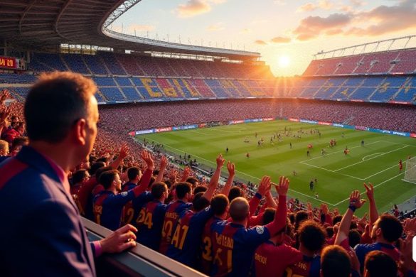 Una escena vibrante dentro de la 'Compañía Estadi Olímpic Lluís', donde la atmósfera es eléctrica después de un emocionante partido 'Clàssic' entre el FC Barcelona y el Real Madrid. Las gradas están llenas de apasionadas 'culetas', ondeando banderas 'FC Barcelona' y usando las icónicas camisetas 'Blaugrana' del equipo, sus caras pintadas con los colores del club. En primer plano, 'Joan Laporta', el presidente del club, se ve en la caja VIP, su expresión una mezcla de alegría y determinación mientras observa cómo se desarrolla el emocionante juego. El marcador en el fondo muestra un dramático '4-3' a favor de Barcelona, ​​destacando el increíble regreso del equipo. Los jugadores en el campo están celebrando, con 'Raphinha' en el centro, sus brazos levantados triunfan, encarnando el espíritu de la victoria. El sol se está poniendo, lanzando un cálido brillo dorado sobre el estadio, mejorando la atmósfera jubilosa. El confeti llueve desde arriba, y el sonido de los vítores y los cantos llena el aire, simbolizand
