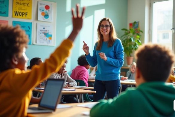 Una escena vibrante dentro de un aula moderna, donde un grupo diverso de estudiantes de secundaria se dedican a una discusión animada. La habitación está llena de luz natural que se transmite a través de grandes ventanas, iluminando carteles educativos coloridos en las paredes que presentan frases como 'creatividad', 'innovación' y 'colaboración'. En primer plano, una estudiante femenina con cabello rizado, con un suéter azul brillante, levanta la mano con entusiasmo, mientras que un estudiante masculino con gafas, vestido con una sudadera verde, se inclina hacia adelante, escuchando atentamente. La maestra, una mujer de mediana edad con cabello corto, se encuentra en la parte delantera, haciendo un gesto animado mientras discute la importancia del uso de tecnología responsable en el aula. En los escritorios, hay computadoras portátiles y tabletas, que simbolizan la integración de la tecnología en la educación, mientras que un signo de 'sin teléfonos móviles' se coloca sutilmente en una esquina de la pizarra,