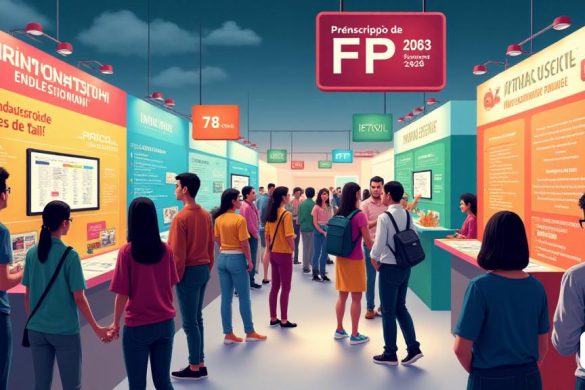 Una escena vibrante e informativa que representa una feria de educación bulliciosa, donde los futuros estudiantes se reúnen en toros en las puestos coloridos que representan varios programas 'FP' (Formació Professional). El fondo presenta una gran pancarta que dice 'PreinScripció FP 2025-2026' en letras audaces y atractivas. En primer plano, un grupo diverso de individuos jóvenes, algunos que poseen 'folletos' y otros involucrados en discusiones animadas, exploran sus opciones. Un stand muestra una pantalla digital que muestra el 'Cercador de Notes de Tall', con los estudiantes apuntando ansiosamente a la pantalla, destacando su interés en el 'Formato de los cicles'. Cerca, un asesor amistoso brinda orientación, mientras que un póster grande enfatiza los '7.583 Noves Places' disponibles, adornados con gráficos brillantes de 'herramientas educativas' y 'diseños artísticos'. El ambiente está lleno de emoción y anticipación, ya que las familias discuten el nuevo sistema de 'confirmación en línea', con un teléfon
