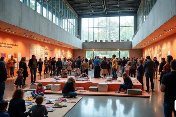 Una escena vibrante en el Caixaforum, que muestra la 'tercera edición del Festival de Literatura de Enshres paraos'. El lugar está lleno de asistentes, todos ansiosos por interactuar con 'grandes nombres' en 'literatura', 'poesía', 'música', 'composición', 'periodismo' y 'arte'. La arquitectura de Caixeforum es sorprendente, con su diseño moderno y su gran vidrio que permite que la luz natural inunde el espacio. Las pancartas y los carteles con el calendario del festival se cuelgan prominentemente, destacando los eventos del 6 de mayo de 2025. En una esquina, un grupo de niños se reúne en una 'lectura familiar y un espacio de juegos', lleno de libros coloridos y materiales juguetones, mientras que los adultos están ocultos en una sesión de 'diálogo' con autores renombrados como 'Leila Guerriero' y 'Pol Guasch'. El ambiente es animado, con el sonido de la risa y la conversación que se mezclan con las notas suaves de un piano de una actuación cercana. Las diversas ofertas del festival son evidentes, desde 'lect