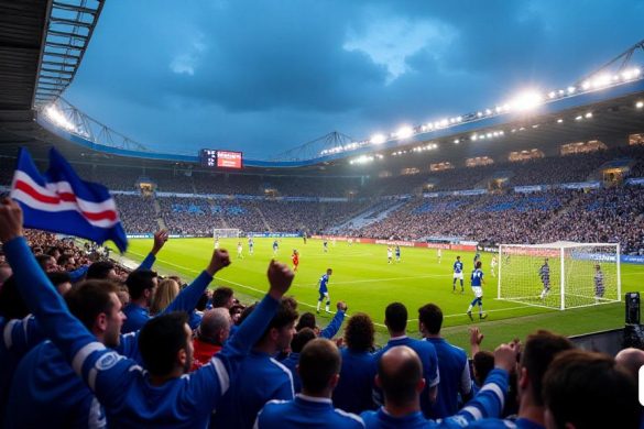 Una escena vibrante en el estadio AMEX, lleno de apasionados fanáticos de Brighton & Hove Albion con camisetas 'azules' y 'blancas', ondeando banderas y bufandas en apoyo de su equipo. El estadio está iluminado bajo el cielo de la tarde, con los reflectores lanzando un brillo brillante en el campo. En primer plano, los fanáticos jubilosos celebran un gol, sus caras expresan 'alegría' y 'emoción'. En el campo, los jugadores en kits 'azul' y 'blanco' se dedican a un partido dinámico contra el Liverpool, que muestran intensa 'determinación' y 'habilidad'. El marcador en el fondo muestra un puntaje emocionante de 3-2 a favor de Brighton, mientras que la atmósfera es eléctrica con cantos y vítores que resuenan en las gradas. La imagen captura la esencia de un momento crucial en la historia del club, destacando la 'esperanza' y la 'ambición' del equipo y sus seguidores a medida que se esfuerzan por la calificación europea.