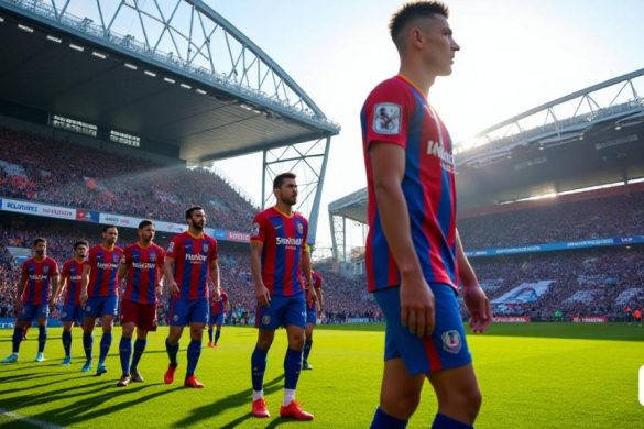 Una escena vibrante en el estadio Wembley, lleno de una atmósfera eléctrica mientras Crystal Palace enfrenta el Manchester City en la final de la Copa FA. El estadio está inundado de los colores de ambos equipos, con los fanáticos de Crystal Palace en sus tradicionales camisetas 'rojos' y 'azules', ondeando banderas y pancartas que leen 'We Believe' y 'Together como One'. Los jugadores están alineados en el campo, con Adam Wharton a la vanguardia, mostrando su peinado 'Buzzcut' y con sus calcetines rodados, exudando un comportamiento 'intrépido' y 'seguro'. El sol lanza un brillo cálido sobre el campo, resaltando la hierba 'verde' que contrasta con los colores vibrantes de los fanáticos. En el fondo, el arco icónico de Wembley se aunía, simbolizando la importancia de esta ocasión trascendental. La tensión es palpable mientras el árbitro se prepara para soplar el silbato, lo que indica el comienzo de un juego que podría definir la historia del Palacio Crystal. Las gradas están llenas, con los fanáticos en el b