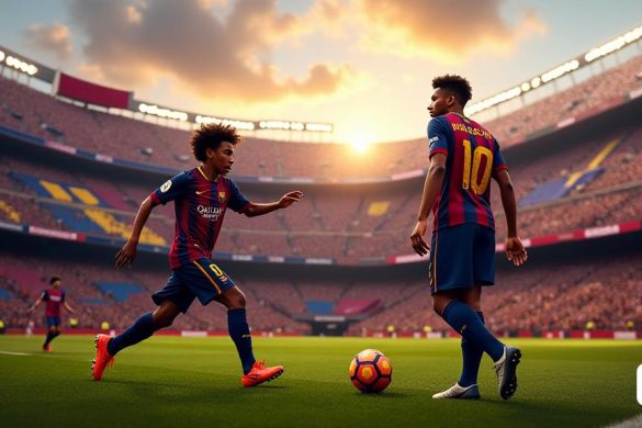 Una escena vibrante en el icónico 'Camp Nou', lleno de apasionados fanáticos con camisetas 'FC Barcelona', agitando banderas y pancartas en apoyo de su equipo. En primer plano, 'Lamine Yamal', un jugador joven y dinámico, se representa en acción, driblando el balón con notable habilidad y agilidad, mostrando su talento. Su expresión es de determinación y enfoque, que encarna el espíritu de una estrella en ascenso en el mundo del fútbol. En el fondo, el estadio está vivo con energía, mientras los fanáticos animan y cantan, creando una atmósfera electrizante. El sol se pone, lanzando un brillo cálido sobre el campo, destacando la emoción de la próxima temporada. Cerca, 'Marcus Rashford', un jugador experimentado, se ve admirando a Yamal desde el costado, simbolizando la asociación potencial que podría redefinir el futuro del equipo. La imagen captura la esencia de la esperanza y la ambición, mientras el club se prepara para una temporada emocionante por delante.