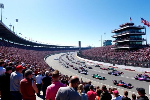 Una escena vibrante en el 'Indianapolis Motor Speedway', llena de emoción mientras los fanáticos se reúnen para el 'Indy 500'. Las tribunas están llenas de un mar de vestimenta colorida, con espectadores agitando banderas y sosteniendo señales en apoyo de sus conductores favoritos. El icónico 'Brickyard' es visible en el fondo, mostrando su encanto histórico. En la pista, los elegantes vehículos 'IndyCar' están alineados, sus acabados brillantes que reflejan la brillante luz del sol. La atmósfera es eléctrica, con el sonido de los motores que aceleran y el olor a combustible en el aire. Arriba, un Clear Blue Sky establece el telón de fondo perfecto para este emocionante evento, mientras que la anticipación de la carrera se acumula a medida que el reloj se reduce a la hora de inicio de '12: 45 p.m. Et '.