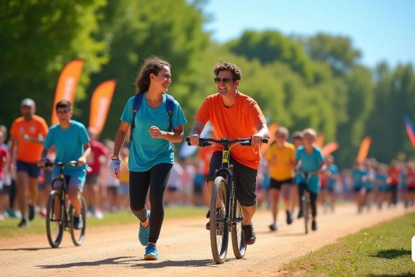 Una escena vibrante en el 'Parc Central D’Igualada' durante las mini Juegos Olímpicos organizados por el 'Fundació àuria'. La imagen captura un grupo diverso de 'voluntarios' y 'participantes' involucrados en varias 'actividades deportivas', que muestra un espíritu de 'inclusión' y 'trabajo en equipo'. En primer plano, un sonriente 'voluntario' ayuda a un participante con una 'discapacidad', ambas con vestimenta deportiva colorida, encarnando alegría y camaradería. Al rodearlos, otros grupos se ven compitiendo en carreras amistosas, con pancartas que muestran la iniciativa 'MES Social' que revolotean en la suave brisa. Las familias y los amigos animan desde el margen, creando un ambiente animado y de apoyo. El telón de fondo presenta árboles verdes exuberantes y un cielo azul claro, que mejora el estado de ánimo festivo de este día 'lúdico' y 'deportivo' dedicado a promover la 'conciencia social' y la 'solidaridad'.