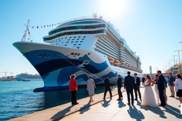 Una escena vibrante en el puerto de Tarragona, que muestra el majestuoso 'MSC Splendida' atracó por primera vez. El barco, una 'ciudad flotante', mide 333 metros de longitud y 38 metros de ancho, con un exterior llamativo adornado en tonos de blanco y azul. El sol brilla en las superficies pulidas del barco, reflejando la emoción del día. En primer plano, se está llevando a cabo una ceremonia tradicional de 'Intercambio de metopeal', con dignatarios que incluyen Alba Colet, Genova Climent y el Capitán Francesco Iacono, todos vestidos con atuendos formales, participando en cálidos saludos. El telón de fondo presenta el bullicioso puerto, con otros recipientes más pequeños y el mar Mediterráneo brillando bajo un cielo azul claro. Los pasajeros, ansiosos por explorar, se ven desembarcando, mientras que las familias se reúnen, discutiendo con entusiasmo las excursiones a 'Tarragona Romana' y 'Portaventura World'. El ambiente está lleno de anticipación y alegría, marcando el comienzo de una nueva temporada de cruc