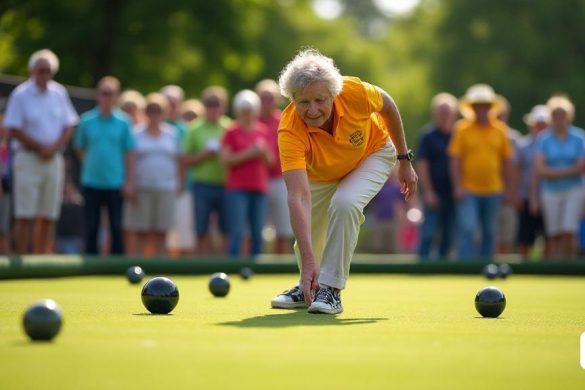 Una escena vibrante en el Redbourn Bowls Club, donde un grupo diverso de individuos se dedican a un juego de 'césped'. El sol lanza un brillo cálido sobre el "césped" verde, cuidada, destacando la superficie lisa y rodante donde los tazones se deslizan sin esfuerzo. En primer plano, Caroline Griffin, una determinada sobreviviente de accidente cerebrovascular de 51 años, es vista en la acción media, su enfoque evidente mientras se prepara para liberar su tazón. Ella usa una camisa brillante y solidaria de 'equipo', simbolizando su nueva comunidad. Al rodearla hay otros jugadores de varias edades y habilidades, algunos ofrecen aliento, mientras que otros se concentran en sus propios juegos. En el fondo, una pancarta para el próximo Día de los Bowls de césped gratuitos 'fluye suavemente en la brisa, promoviendo la inclusión y la participación. El ambiente está lleno de risas y camaradería, que encarna el espíritu de la resiliencia y la alegría de 'florecer' a través del deporte. La escena captura no solo un jueg