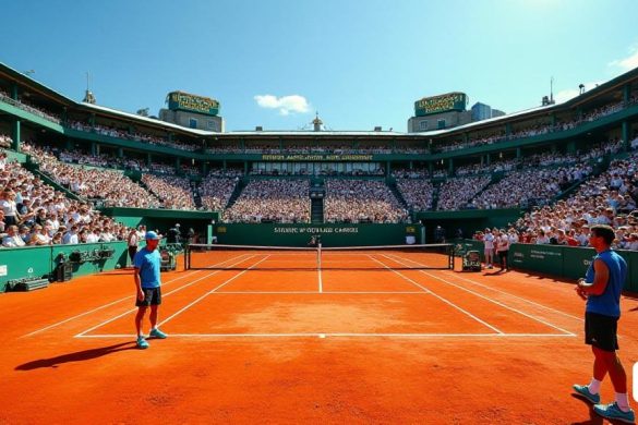 Una escena vibrante en el 'Stade Roland Garros' en 'París', que muestra las icónicas 'canchas de arcilla' listas para el 'Abierto de Francia'. Las canchas son un rico tono rojo, contrastando con el verde brillante de la hierba circundante y las líneas blancas que marcan el área de juego. Los espectadores están llenando las gradas, vestidas con una mezcla de vestimenta informal y deportivo, algunas banderas agitadas en apoyo de sus jugadores favoritos. En el fondo, la histórica cancha de 'Philippe Chatrier' se encuentra majestuosamente, adornada con pancartas que anuncian el torneo. El ambiente es eléctrico, lleno de anticipación, ya que los fanáticos esperan ansiosamente los primeros partidos del torneo. Arriba, un cielo azul claro se extiende sobre el lugar, con el sol brillando, arrojando sombras en la cancha. La escena captura la esencia del espíritu competitivo y la celebración del tenis, con jugadores calentándose en primer plano, sus expresiones enfocadas que reflejan la intensidad de los próximos parti