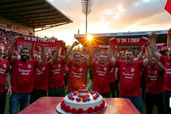 Una escena vibrante en Glanford Park, llena de fanáticos entusiastas con camisetas 'Scunthorpe United', ondeando banderas y pancartas que leen 'Up the Iron'. El estadio está adornado con decoraciones coloridas, creando una atmósfera eléctrica mientras el sol se pone en el fondo, lanzando un cálido brillo sobre la multitud. En primer plano, se ve a un grupo de trabajadores de acero, incluido Christian Ashton, celebrando, sus caras radian en la esperanza y la emoción. La icónica metáfora de 'Cherry en la parte superior del pastel' está representada visualmente por un gran pastel colocado en una mesa cercana, decorada con los colores del club y un fútbol en miniatura en la parte superior. Las stands están llenas, con fanáticos de todas las edades, algunos que tienen bufandas altas, mientras que otras participan en discusiones animadas sobre el próximo partido contra Chester. El aire está lleno de un sentido de comunidad y resistencia, reflejando las recientes luchas y triunfos de la ciudad, simbolizando un nuevo