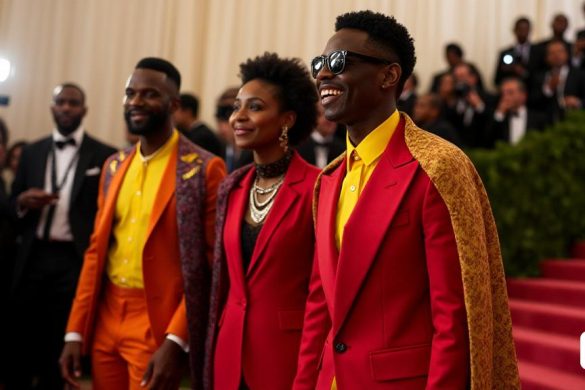 Una escena vibrante en la Gala Met que muestra los impresionantes diseños de Ozwald Boateng. La imagen captura a un grupo de celebridades, incluidas TEMS, Burna Boy y Arya Starr, elegantemente vestida con trajes 'ajustados' que reflejan 'colores audaces' y 'patrones inspirados en África Occidental'. El telón de fondo es una glamorosa alfombra roja, adornada con cámaras intermitentes y un mar de espectadores. Burna Boy se destaca en un llamativo 'traje rojo' combinado con una 'camisa amarilla de beutying' y una 'capa de piel de anguila', simbolizando sus raíces nigerianas. La atmósfera es eléctrica, llena de emoción y anticipación, como Boateng, el 'pavo real de Savile Row', se mezcla con los invitados, mostrando su legado de 'desafiar las normas de la sastrería de los hombres'. La imagen encapsula la esencia de la 'cultura negra e influencia cultural negra', con un enfoque en los intrincados detalles de los atuendos, las expresiones de alegría y orgullo en los rostros de los asistentes y la celebración genera