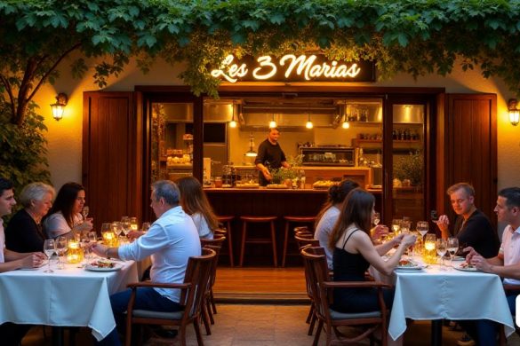 Una escena vibrante en 'Les 3 Marias', un restaurante ubicado en el corazón de 'Cambrils', que muestra una impresionante 'terraza' adornada con exuberante vegetación y elegantes muebles de madera. Las mesas están ubicadas con manteles blancos nítidos, cada una con un pequeño jarrón de flores frescas, creando una atmósfera acogedora. En el fondo, el signo del restaurante, 'Les 3 Marias', se exhibe prominentemente, iluminado por una iluminación suave y cálida. Se ve a los comensales disfrutando de sus comidas, con platos de 'pasta artesanal', 'pizzas audaces' y 'mariscos frescos' bellamente presentados. El chef, 'sem oscuro', es visible en la cocina abierta, preparando hábilmente platos con un enfoque en 'ingredientes de calidad' y 'tradición italiana'. El ambiente es animado pero acogedor, con los sonidos de las risas y las gafas de tintineo, que encarna la esencia de una experiencia culinaria compartida. El sol poniente arroja un tono dorado sobre la escena, mejorando el encanto 'mediterráneo' de este refugio