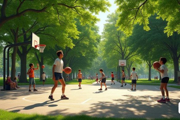 Una escena vibrante en Powderhorn Park en Minneapolis, donde los exuberantes árboles verdes proporcionan un dosel de sombra sobre una cancha de baloncesto bien desgastada. La cancha está rodeada de una mezcla de árboles altos y frondosos y flores florecientes, con la luz del sol que se filtra a través de las hojas, lanzando sombras juguetones en el pavimento. En primer plano, un grupo de niños jóvenes, incluida una figura alta con 'zapatillas de deporte' en el pavimento, se dedican a un enérgico juego de baloncesto, sus rostros llenos de emoción y determinación. Un niño, notablemente más alto que el resto, se destaca con sus 'largas extremidades' y expresión enfocada mientras se prepara para disparar un baloncesto hacia el aro. El fondo presenta una pequeña reunión de asistentes al parque, algunos sentados en los bancos, disfrutando de la atmósfera, mientras que otros caminan a sus perros por el camino que enrolla la cancha. El aire está lleno de los sonidos de la risa, las bromas juguetones y el rebote rítmi