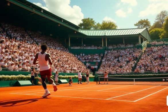 Una escena vibrante en Roland Garros, capturando la atmósfera eléctrica del Abierto de Francia. El sol lanza un brillo cálido sobre las icónicas canchas de 'Terre Battue', un rico tono de naranja quemado que contrasta maravillosamente con el verde brillante de la hierba circundante y el colorido atuendo de los espectadores. En primer plano, Gaël Monfils, una figura de 6 pies y 4 pulgadas con una cabeza de cabello distinta con pequeñas 'trenzas', es capturada a mitad de acción, saltando al aire con una gracia atlética que desafía la gravedad. Su expresión es de feroz determinación y alegría, que encarna el espíritu del juego. La multitud de aproximadamente 15,000 fanáticos en la corte Philippe-Chatrier es un mar de 'sombreros de Panamá', sus cabezas se vuelven al unísono mientras siguen la trayectoria de la pelota, algunas agitan las banderas 'Bleu-Blanc-Rouge', mientras que otros están atrapados en el momento, aplaudiendo. En el fondo, la exuberante vegetación de la ruta del jardín que conduce a la corte Simo