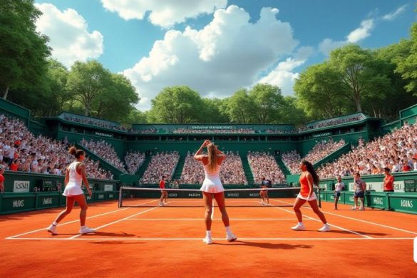Una escena vibrante en 'Roland Garros' durante el 'Abierto de Francia 2025', que muestra las icónicas canchas de arcilla roja llenas de energía. En primer plano, 'IGA Swiatek', la 'reina de la arcilla', es capturada de acción media, su expresión enfocada refleja la determinación mientras se prepara para servir. Al rodearla están sus formidables rivales, 'Aryna Sabalenka' y 'Coco Gound', ambos que muestran una intensa concentración. Las gradas están llenas de entusiastas fanáticos, agitando banderas y vistiendo vestimenta colorida, creando un ambiente animado. El sol brilla intensamente, lanzando sombras en la cancha, mientras que los exuberantes árboles verdes en el fondo enmarcan la escena, lo que se suma a la pintoresca configuración. El marcador en el fondo resalta los partidos en curso, y el aire está lleno de los sonidos de los vítores y el distintivo 'thwack' de las bolas de tenis que se golpean. Esta imagen encapsula la emoción y el espíritu competitivo del torneo, mientras los jugadores compiten por e
