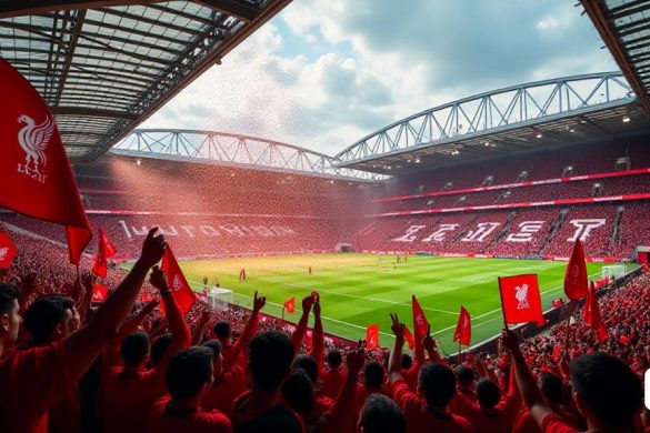 Una escena vibrante que captura la atmósfera eléctrica en Anfield mientras Liverpool se prepara para su coronación del título de la Premier League. El estadio está inundado de colores 'rojos' y 'blanco', el icónico 'cresta' del Liverpool que se muestra prominentemente en las banderas que saludan con entusiasmo en manos de los apasionados fanáticos. La 'cinta de ticker' está lista para en cascada desde las gradas, brillando como confeti en el aire, simbolizando la celebración de su vigésimo título en inglés. Las medallas brillan bajo las luces del estadio, reflejando la emoción del momento. En el fondo, los imponentes soportes llenos de seguidores crean un mar de caras, cada uno lleno de anticipación y alegría. El tono es inmaculado, su hierba 'verde' que contrasta maravillosamente con las camisetas 'rojas' de los jugadores a medida que se calientan para el partido contra Crystal Palace. Las cámaras de Sky Sports, TNT Sports y Amazon Prime están estratégicamente posicionadas alrededor del suelo, capturando cad