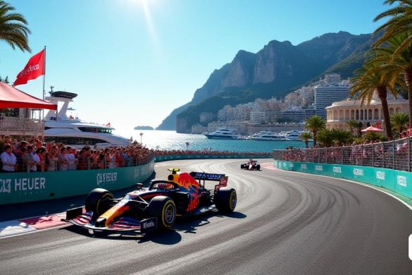 Una escena vibrante que captura la emoción del '2025 Tag Heuer Monaco GP' en el 'Circuito de Monaco' en 'Monte Carlo'. La imagen muestra la icónica pista de carreras que se enrolla a través de las pintorescas calles, flanqueadas por lujosos yates y edificios históricos. En primer plano, un elegante auto 'Fórmula 1', adornado en los colores de 'Red Bull Racing', acelera, dejando un rastro de marcas de neumáticos en el asfalto. Los espectadores bordean las barreras, sus caras llenas de anticipación, algunas banderas agitadas en apoyo de sus conductores favoritos. El telón de fondo presenta la impresionante costa mediterránea, con el sol brillando brillantemente, lanzando reflejos sobre el agua. Arriba, un cielo azul claro mejora la atmósfera vibrante de este prestigioso evento, conocido como la 'joya de la corona F1'.