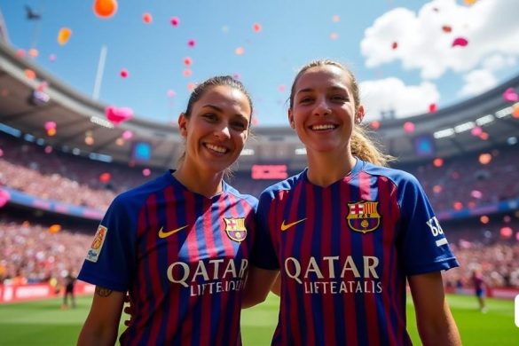Una escena vibrante que captura la esencia de la celebración como 'Alexia Putellas' y 'Aitana Bonmatí' se encuentran triunfante en el campo, adornadas en sus icónicas camisetas 'Barça'. El telón de fondo es un mar de banderas de 'azul y granate' que se agitan enérgicamente, con los fanáticos que estalan en alegrías. El estadio está lleno de un caleidoscopio de colores, mientras confeti llueve hacia abajo, brillando a la luz del sol. Ambos jugadores están radicando con 'máxima alegría', sus expresiones que irradian orgullo y logro. En primer plano, una pantalla digital muestra el puntaje '0-9', destacando la abrumadora victoria contra 'Real Betis'. La atmósfera es eléctrica, que encarna el espíritu del 'fútbol femenino' y el legado del club, mientras la multitud desconecta sus nombres, celebrando no solo un título, sino un momento histórico en los deportes.