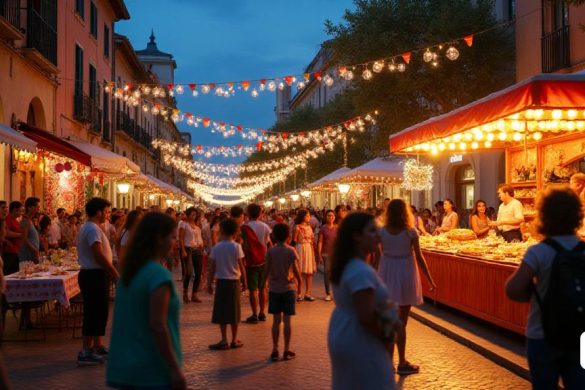 Una escena vibrante que captura la esencia de la 'Festa Major' en Castellolí. La imagen está llena de decoraciones coloridas que adornan las calles, incluidas 'pancartas' y 'globos' revoloteando en la suave brisa. En primer plano, una gran multitud de participantes entusiastas, jóvenes y mayores, se reúnen alrededor de una cabina que sirve a 'caragols', con un alegre vendedor que muestra los 30 kg de delicias. Cerca, los niños se dedican a diversas 'actividades', su risa resuena a medida que juegan y disfrutan de la pintura de caras. El fondo presenta un animado escenario de 'Karaoke's Band', con lugareños cantando y bailando bajo un dosel de luces centelleantes. En otro lado, un grupo de amigos está compartiendo una comida abundante durante el 'Sopar de Germanor', su mesa llena de platos tradicionales. El ambiente es eléctrico de alegría, ya que el 'Cercavila' desfila por las calles, acompañado por músicos que tocan canciones festivas. A medida que cae la noche, la escena pasa al 'Ball del Fanalet', donde la