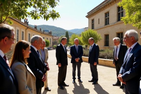 Una escena vibrante que captura la esencia de una visita significativa a 'Roquetes', con el 'Observatori de l’bre' en el fondo. La imagen muestra 'Salvador Illa', el presidente de la 'General de Catalunya', de pie con confianza con un traje formal, que se involucra cálidamente con 'Ivan García', el alcalde, que está vestido con un chaqueta inteligente. Están rodeados de un grupo diverso de funcionarios, incluida 'Núria Montserrat', la Consellera de 'Recerta I Universitats', quien está discutiendo animadamente la importancia de la próxima 'Eclipse' en 2026. El contexto presenta la arquitectura histórica del 'Observador de l’bre', con su gran fachada y instrumentos escientíficos de las ventanas. La luz del sol se filtra a través de los árboles, lanzando sombras moteadas en el suelo, creando una atmósfera cálida y acogedora. En primer plano, es visible una pieza conmemorativa presentada a Illa, que simboliza la rica historia de la ciudad, mientras que una gran y detallada 'rosa de vientos' en mármol se puede ver
